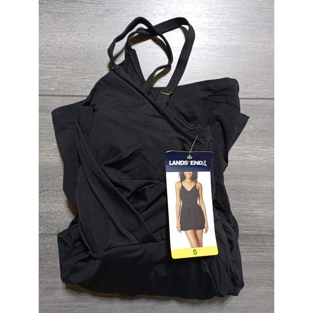 Lands' End Tulip Wrap Swim Dress Adult Small Black One Piece Swimsuit Womens